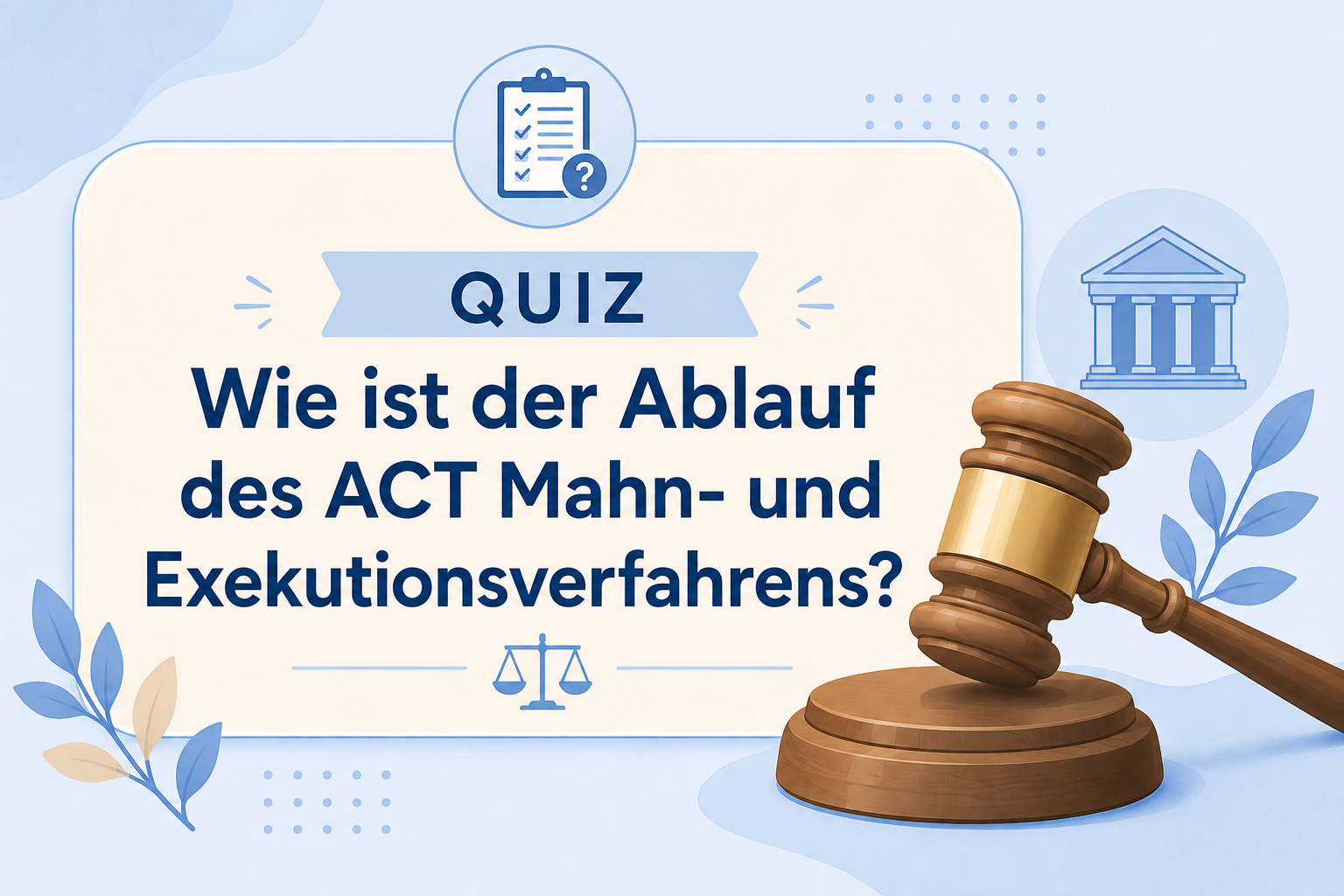 Quizgrafik mit dem Titel „Wie ist der Ablauf des ACT Mahn- und Exekutionsverfahrens?“ und einem Richterhammer