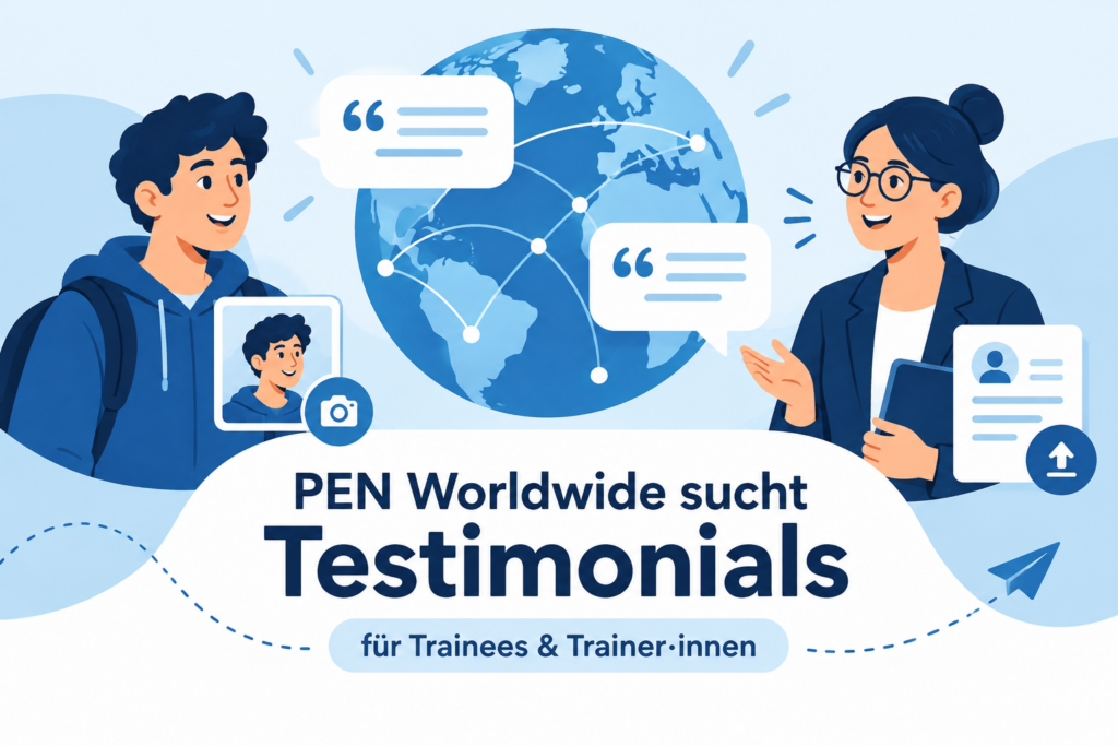 Zwei Trainerpersonen präsentieren PEN Worldwide mit digitalen Testimonials für Trainees und Trainer:innen weltweit.