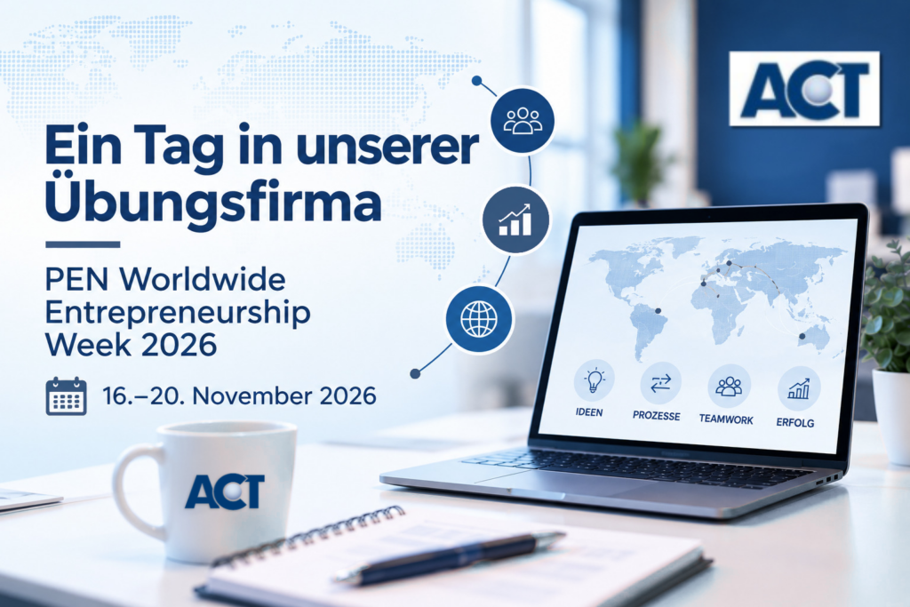 Ein Laptop zeigt Weltkarte und Teamwork-Symbole zur PEN Worldwide Aktionswoche „Ein Tag in unserer Übungsfirma“ im November 2026.
